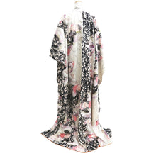 Load image into Gallery viewer, Furisode Pearl white Black Folding Fan Chrysanthemum Cherry Blossom Silk #10310F1
