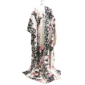 Furisode Pearl white Black Folding Fan Chrysanthemum Cherry Blossom Silk #10310F1