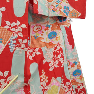 Juban Vintage(1920-1950) Red Light Blue Chrysanthemum Nejiri-Ume Silk #10374F4