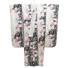 Load image into Gallery viewer, Furisode Pearl white Black Folding Fan Chrysanthemum Cherry Blossom Silk #10310F1

