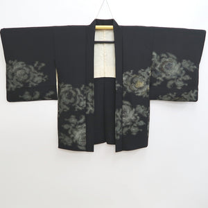 Haori Jacket Vintage(1950-1980) Black Silver Gold Flower Silk #9778A4