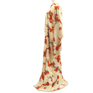 Juban Vintage(1920-1950) Light Brown Beige Crane Birds Silk #10386F5