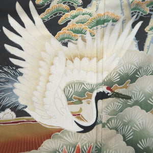 Tomesode Vintage(1920-1950) Black Crane Birds Hand painted Silk #10499B1