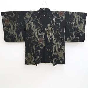 Haori Jacket Vintage(1950-1980) Black Gold Abstract art Silk #9763A3