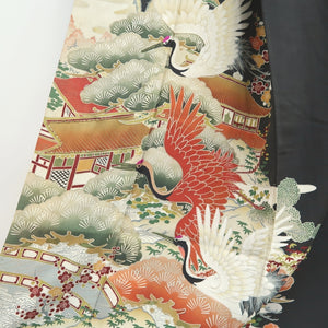 Tomesode Vintage(1920-1950) Black Crane Birds Hand painted Silk #10499B1