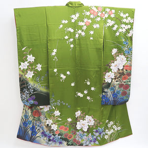 Furisode Green Gold Sakura Peony Kiku Silk #9703J5