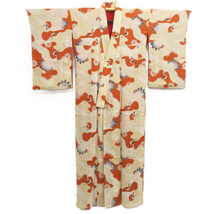Juban Vintage(1920-1950) Light Brown Beige Crane Birds Silk #10386F5