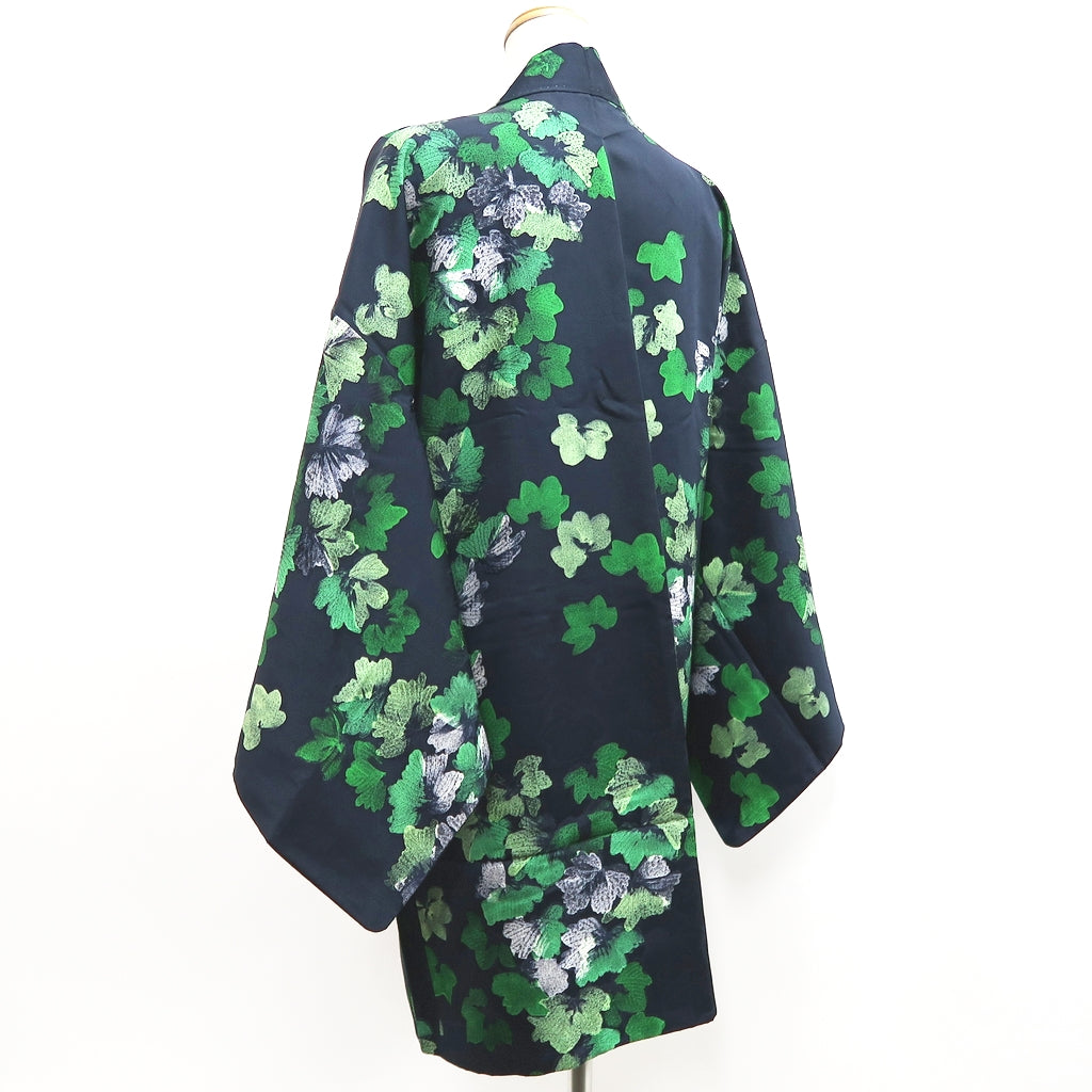 Haori Jacket Vintage(1950-1980) Midnight blue Leaves Silk #10227E2