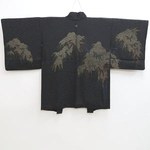 Haori Jacket Vintage(1950-1980) Black Sayagata Bamboo leaf Silk #9890B3