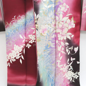 Furisode Wine red Bird Flower Tall Silk #9714J5