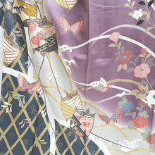 Load image into Gallery viewer, Furisode Gray Purple Peony Butterfly Tall Silk #9684J3
