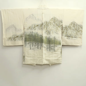 Haori Jacket Vintage(1950-1980) White Gold Silver Mountain Landscape Silk #10015C3