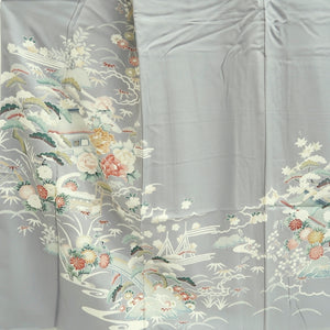 Kimono Light Gray Chrysanthemum Peony Silk #9942B5