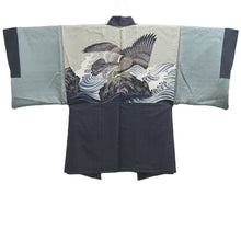 Load image into Gallery viewer, Men's Haori Vintage(1950-1980) Black Blue Ohshima Eagle Curling Wave Silk #10888E4
