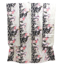 Load image into Gallery viewer, Furisode Pearl white Black Folding Fan Chrysanthemum Cherry Blossom Silk #10310F1
