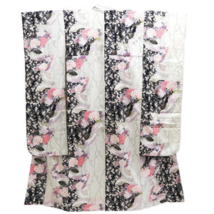 Furisode Pearl white Black Folding Fan Chrysanthemum Cherry Blossom Silk #10310F1