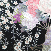 Load image into Gallery viewer, Furisode Pearl white Black Folding Fan Chrysanthemum Cherry Blossom Silk #10310F1
