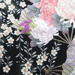 Furisode Pearl white Black Folding Fan Chrysanthemum Cherry Blossom Silk #10310F1
