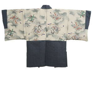 Men's Haori Vintage(1950-1980) Blue Black Fujin Raijin Silk #10444A3
