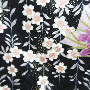 Furisode Pearl white Black Folding Fan Chrysanthemum Cherry Blossom Silk #10310F1