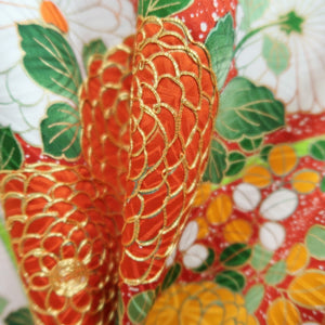 Furisode Red White Embroidery Chrysanthemum Silk #10560B4