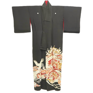 Tomesode Vintage(1920-1950) Black Crane Birds Hand painted Silk #10500B1