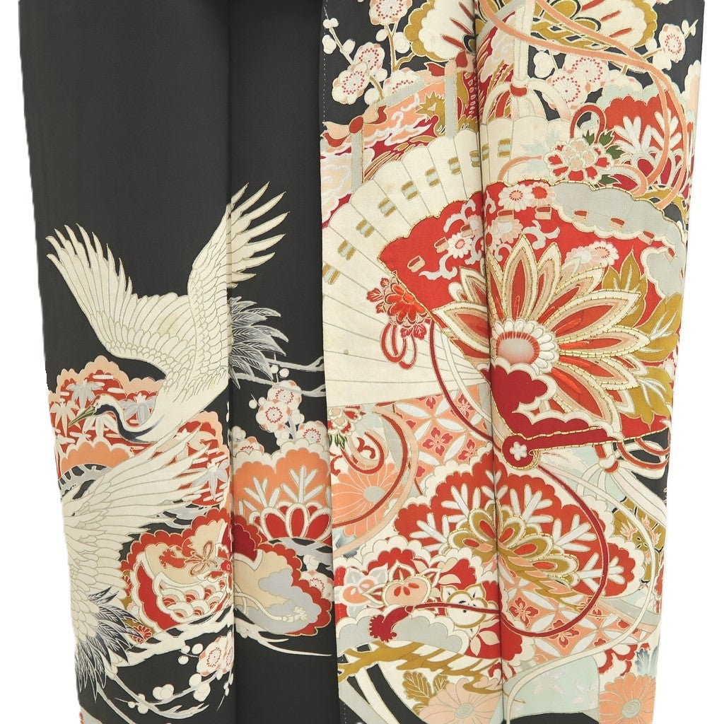 Tomesode Vintage(1920-1950) Black Crane Birds Hand painted Silk #10500B1