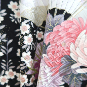 Furisode Pearl white Black Folding Fan Chrysanthemum Cherry Blossom Silk #10310F1