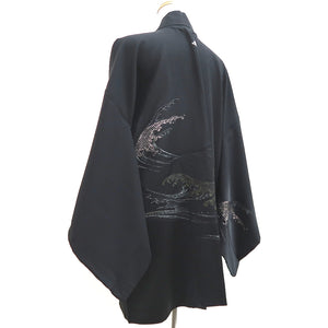 Haori Jacket Vintage(1950-1980) Black Gold Silver Wave Silk #9907B4