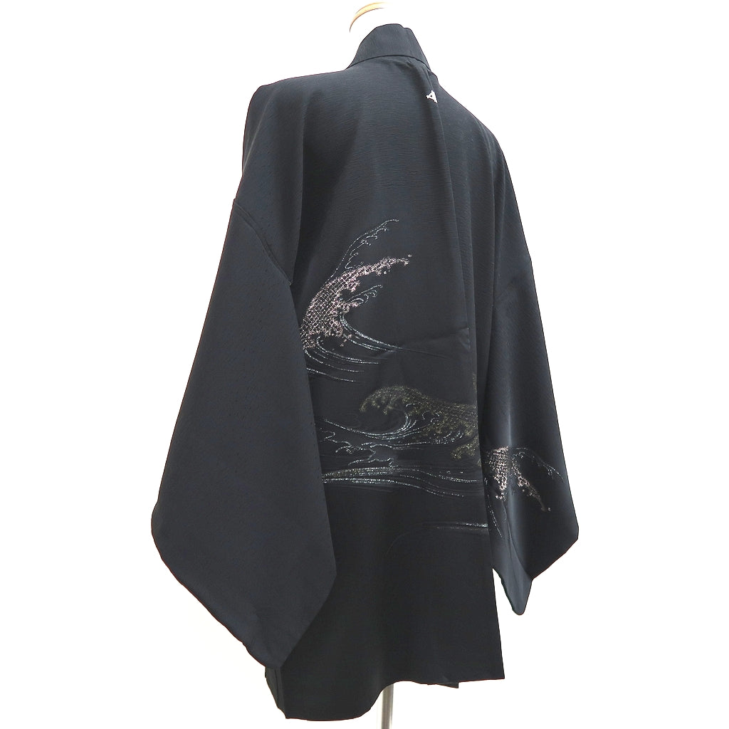 Haori Jacket Vintage(1950-1980) Black Gold Silver Wave Silk #9907B4