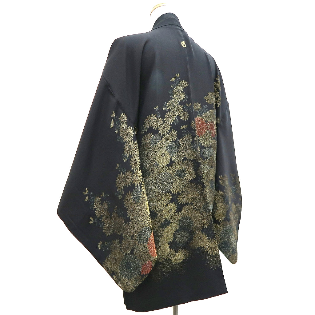 Haori Jacket Vintage(1950-1980) Black Gold Chrysanthemum Silk #9779A4