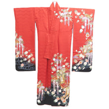 Load image into Gallery viewer, Furisode Red Black Cherry Blossom Chrysanthemum Tall Silk #11089B1

