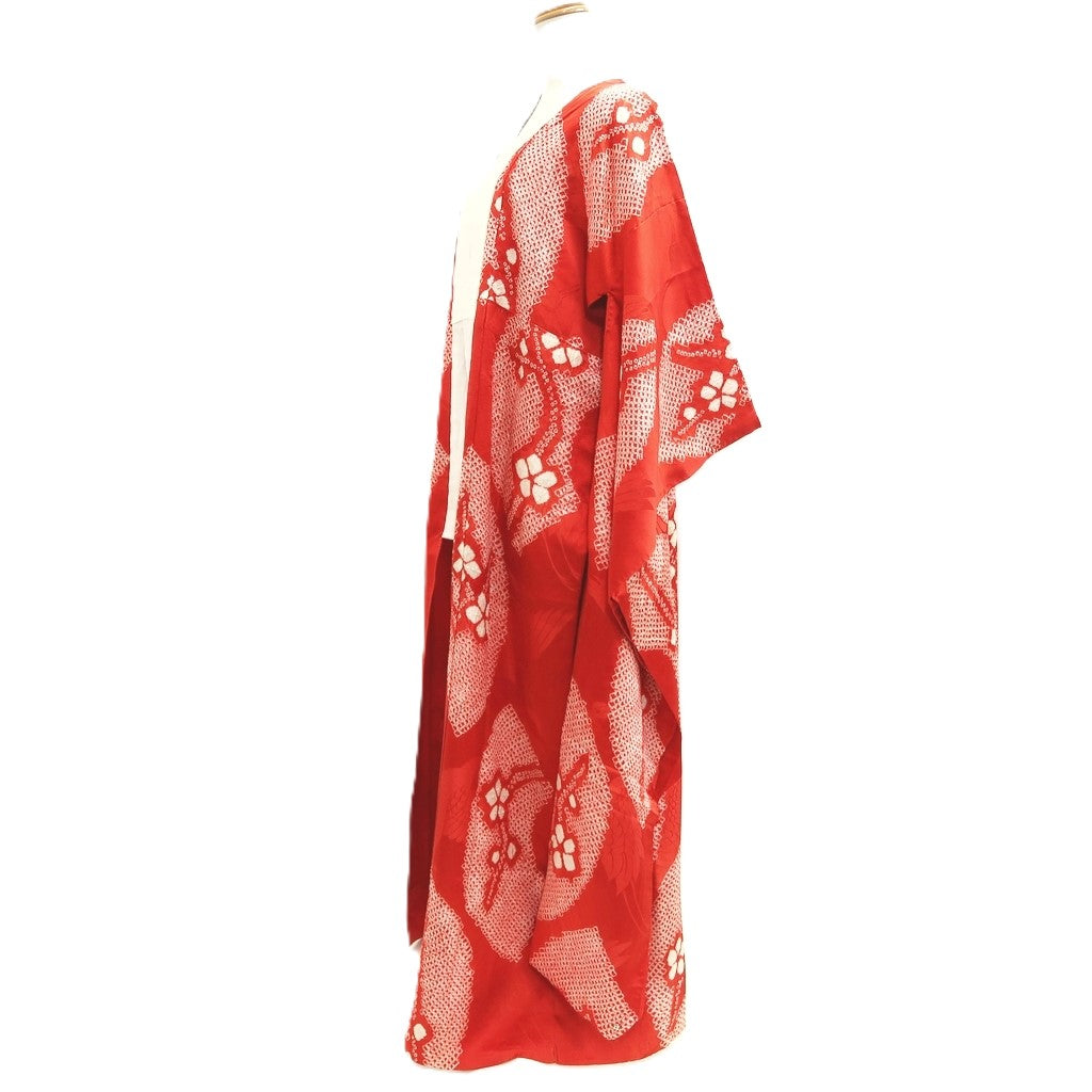 Juban Vintage(1950-1980) Red Furisode Crane Birds Shibori Silk #10512B2