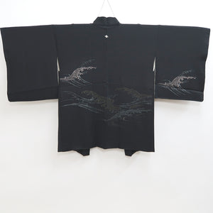 Haori Jacket Vintage(1950-1980) Black Gold Silver Wave Silk #9907B4