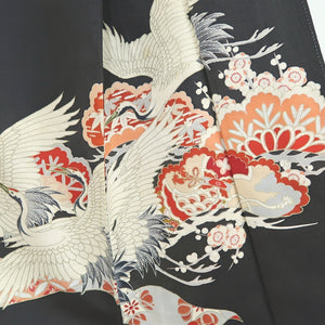 Tomesode Vintage(1920-1950) Black Crane Birds Hand painted Silk #10500B1