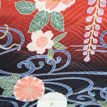 Load image into Gallery viewer, Furisode Red Black Cherry Blossom Chrysanthemum Tall Silk #11089B1
