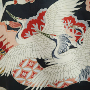 Tomesode Vintage(1920-1950) Black Crane Birds Hand painted Silk #10500B1