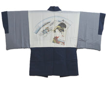 Load image into Gallery viewer, Men's Haori Vintage(1950-1980) Dark Blue Tsumugi Ukiyoe Bijin Silk #10889E4
