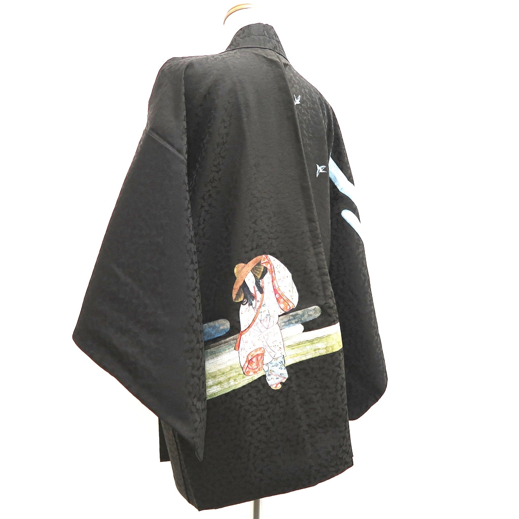 Haori Jacket Vintage(1950-1980) Black Hand painted Bird Lady Silk #9892B3