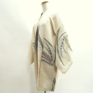 Haori Jacket Vintage(1950-1980) Cream white Peacock feather Silk #10017C3