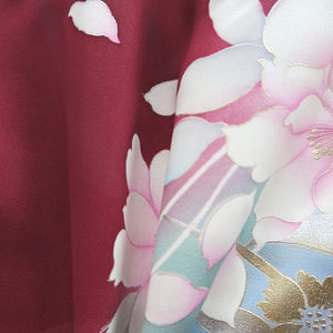 Furisode Wine red Bird Flower Tall Silk #9714J5