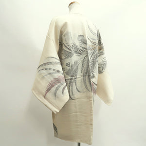 Haori Jacket Vintage(1950-1980) Cream white Peacock feather Silk #10017C3