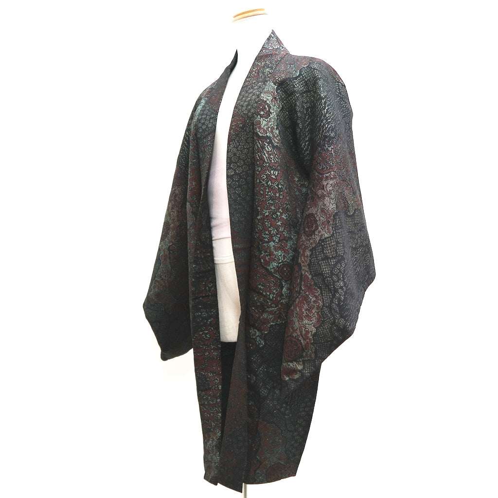 Haori Jacket Vintage(1950-1980) Black Silver Brown Michinagadori Long Silk #9780A4