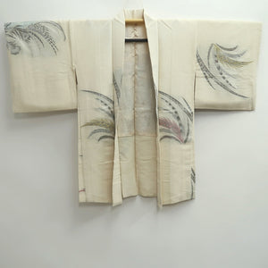 Haori Jacket Vintage(1950-1980) Cream white Peacock feather Silk #10017C3