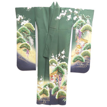 Load image into Gallery viewer, Furisode Green Cherry Blossom Pine Tree Tall Silk #11090B1
