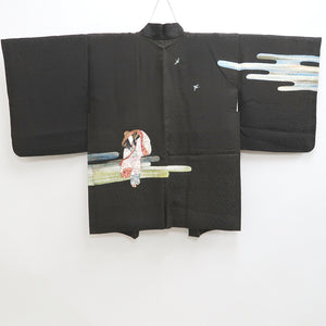 Haori Jacket Vintage(1950-1980) Black Hand painted Bird Lady Silk #9892B3