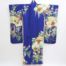 Load image into Gallery viewer, Furisode Blue Folding Fan Kiku Silk #9715J5
