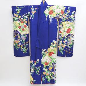 Furisode Blue Folding Fan Kiku Silk #9715J5