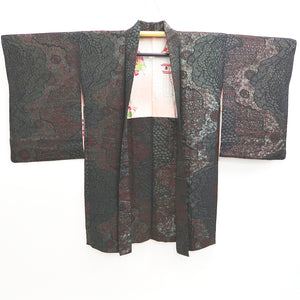 Haori Jacket Vintage(1950-1980) Black Silver Brown Michinagadori Long Silk #9780A4
