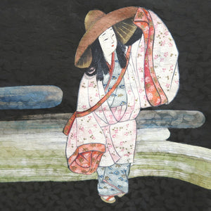 Haori Jacket Vintage(1950-1980) Black Hand painted Bird Lady Silk #9892B3